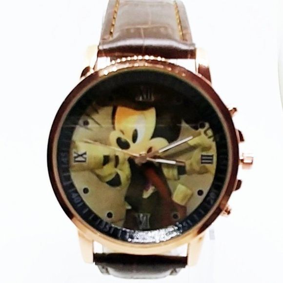 Mickey Newspaper Image Watch Brown Band - Picture 2 of 5